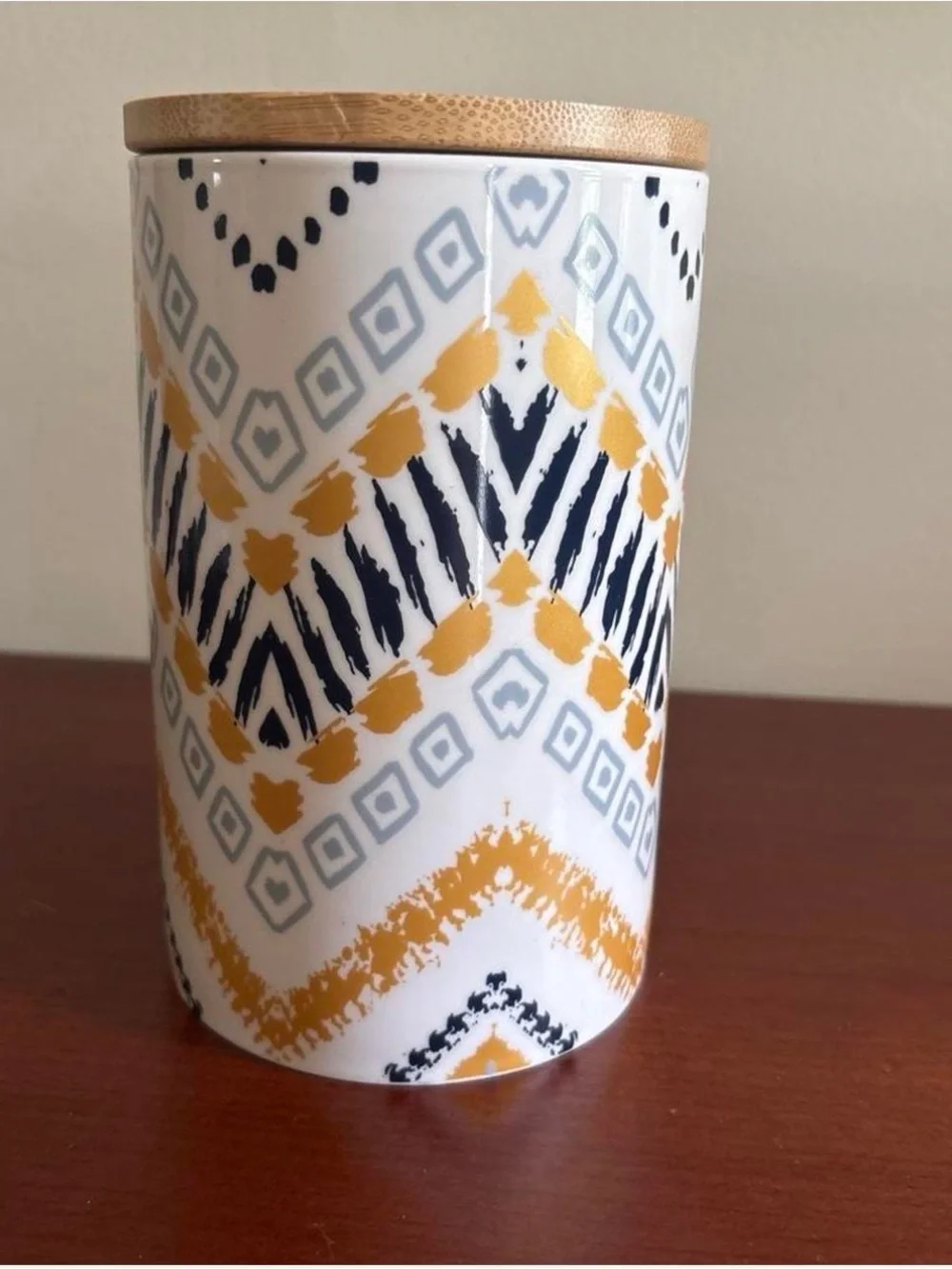 Ceramic Canister Natural wood lid Southwest Boho Chevron Tribal Ikat Gold Blue